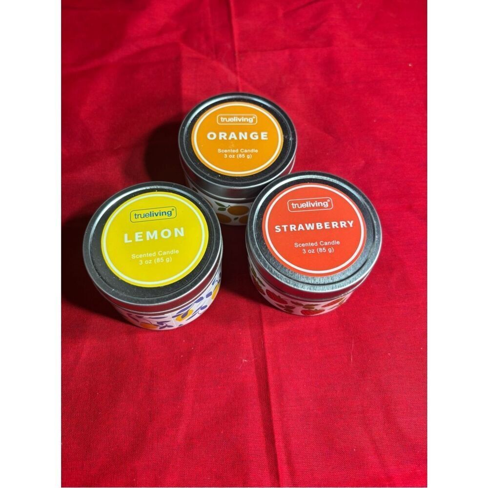 New Trueliving Lemon, Orange & Strawberry Scented Tin Candle Set of 3